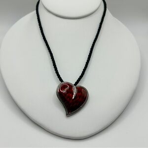 ♥️Lia Sophia - “Burning Love” Red Heart Pendant w/Black Cord Necklace